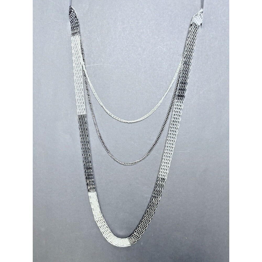 Layered Multi-Strand SilverTone/Black Mesh & Cuban Curb Chain Necklace  20"-23"